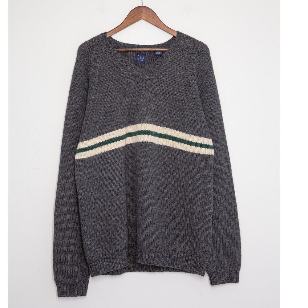 Vintage GAP Wool Sweater Mens XL Gray Y2K Varsity Stripe V Neck Preppy Hong Kong